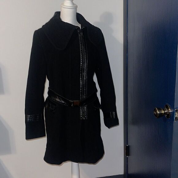 Rudsak military inspired dress coat with leather trim and belt. - Picture 1 of 4